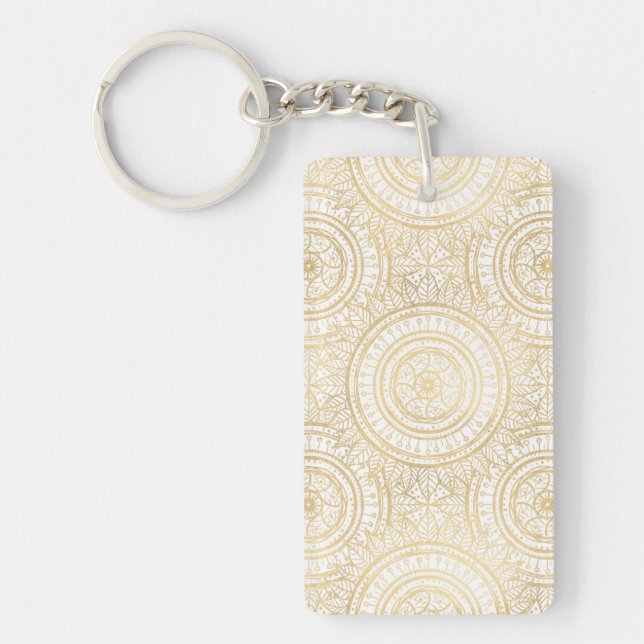 Elegant Gold Mandala Sunflower White Pattern Key Ring (Front)