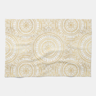 Elegant Gold Mandala Sunflower White Pattern Tea Towel