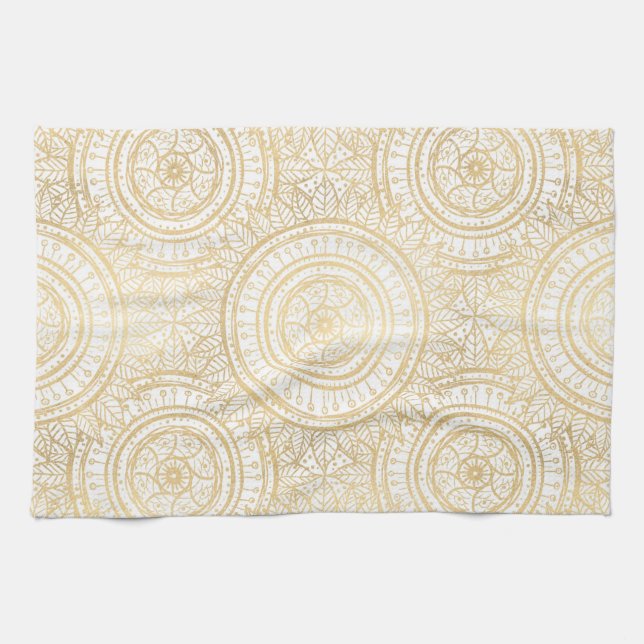 Elegant Gold Mandala Sunflower White Pattern Tea Towel (Horizontal)
