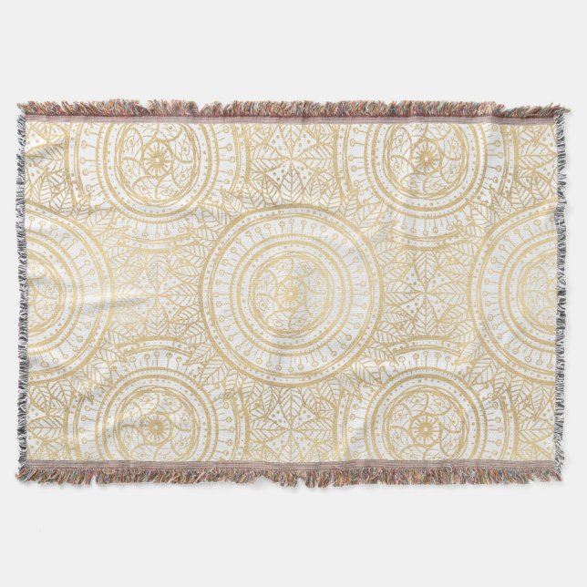 Elegant Gold Mandala Sunflower White Pattern Throw Blanket (Front)