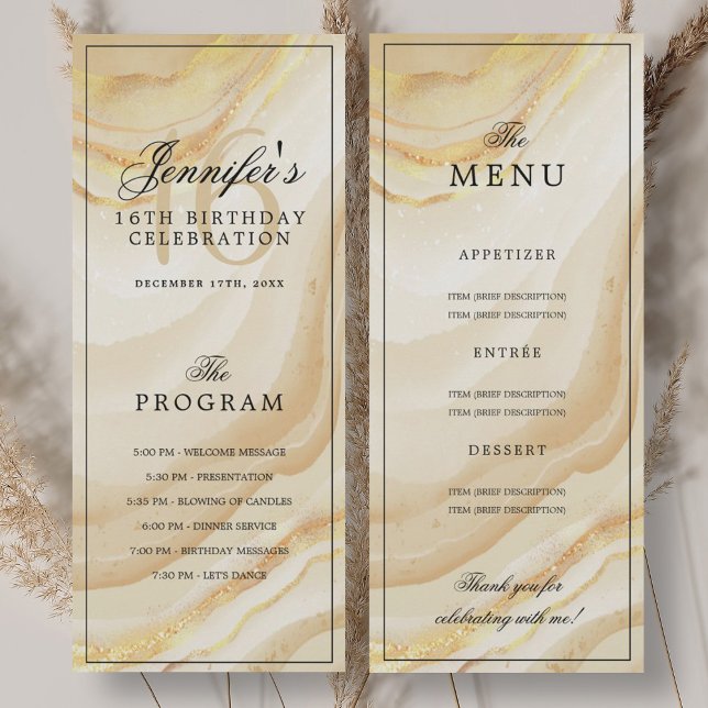 Elegant Gold Marble 16th Birthday Program Menu  (Elegant Gold Marble 16th Birthday Program Menu)