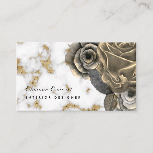 Elegant gold marble floral rose professional business card (Front)