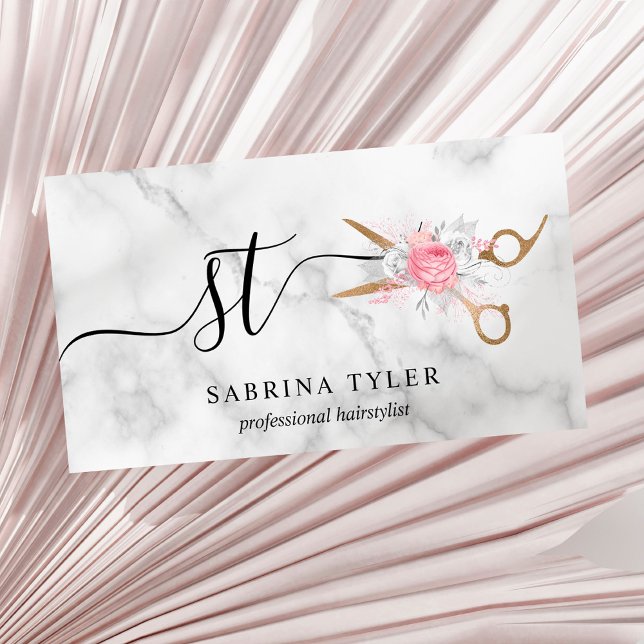 Elegant gold marble floral scissors hairstylist  business card (Creator Uploaded)