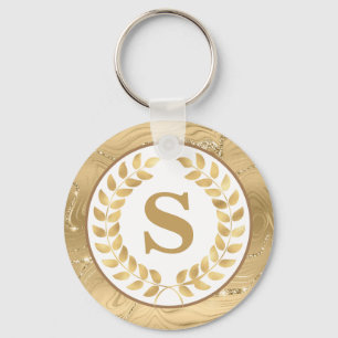 Elegant Gold Marble & Laurel Wreath Personalised Key Ring