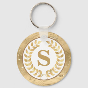 Elegant Gold Marble & Laurel Wreath Personalized Key Ring