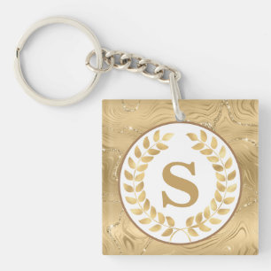 Elegant Gold Marble & Laurel Wreath Personalized Key Ring