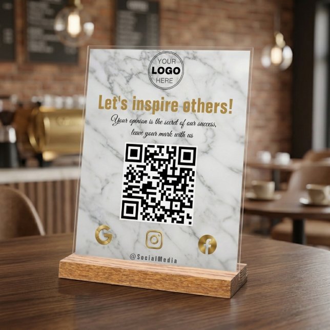 Elegant Gold Marble Modern Business QR Code Acrylic Sign (Elegant Marble & Gold Social Media QR Code Sign for Business)
