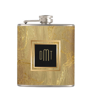 Elegant Gold Marble Monogram Hip Flask