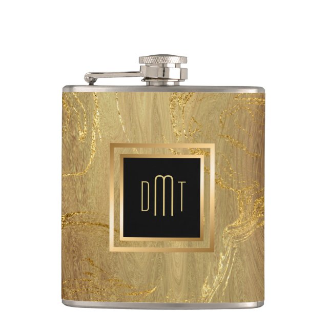 Elegant Gold Marble Monogram Hip Flask (Front)