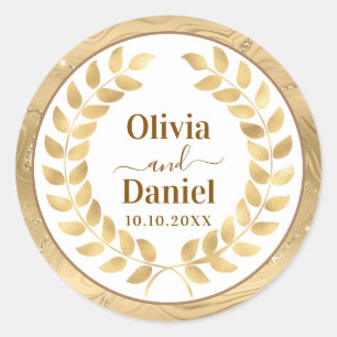Elegant Gold Marble & Wreath Personalised Wedding Classic Round Sticker