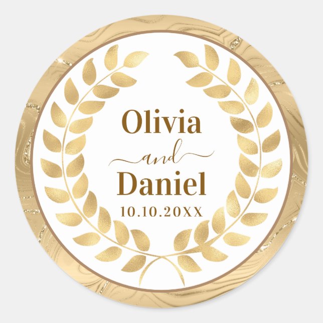 Elegant Gold Marble & Wreath Personalised Wedding Classic Round Sticker (Front)