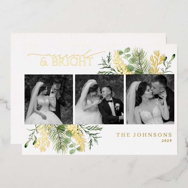 Elegant Gold Married & Bright Black & White Photo Foil Holiday Card (Front/Back)