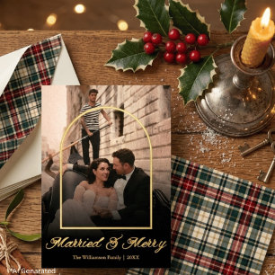 Elegant Gold Married & Merry Plaid Arch Photo Foil Holiday Card