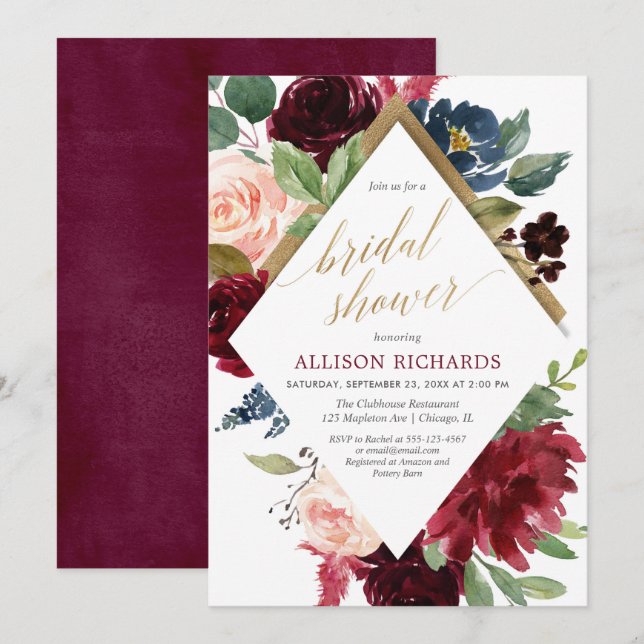Elegant gold marsala burgundy pink bridal shower invitation (Front/Back)