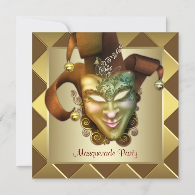 Elegant Gold Mask Red Masquerade Party Invitation (Front)