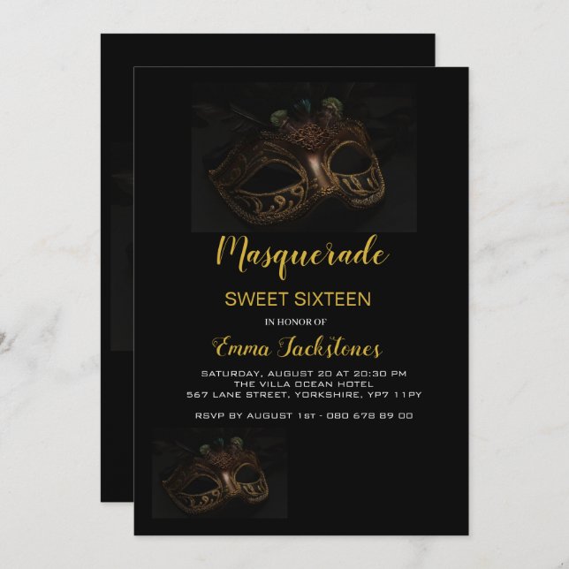 Elegant Gold Masquerade Mask Theme Sweet Sixteen  Invitation (Front/Back)