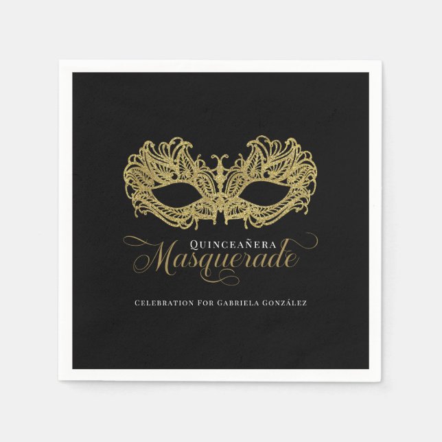 Elegant Gold Masquerade Quinceanera Party Napkin (Front)