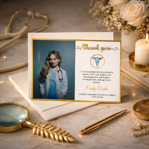 Elegant Gold Medical & Nursing School Grad Photo Thank You Card