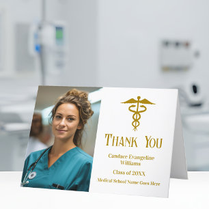 Elegant Gold Medical School Graduation Photo Thank You Card