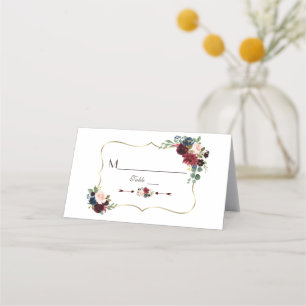 Elegant Gold Merlot Navy Blue Floral Table Number Place Card