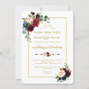 Elegant Gold Merlot Navy Blue Floral Wedding Invitation