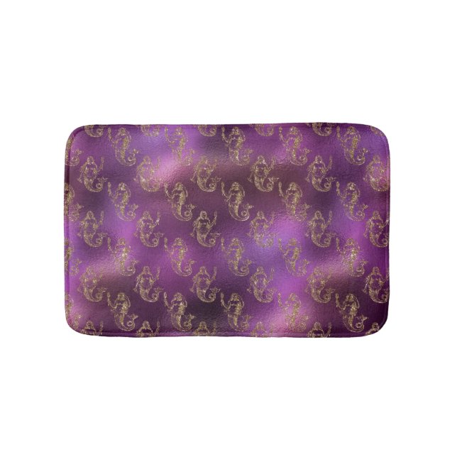Elegant Gold Mermaid Pattern Purple Metallic Shiny Bath Mat (Front)