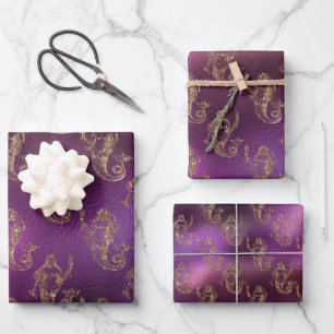 Elegant Gold Mermaid Pattern Purple Metallic Shiny Wrapping Paper Sheet