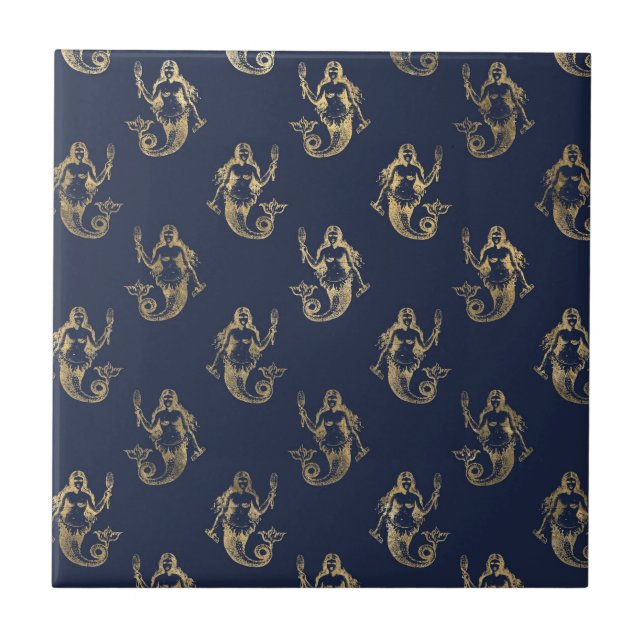 Elegant Gold Mermaid Seamless Pattern Navy Blue Ceramic Tile (Front)