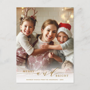 Elegant Gold Merry and Bright Photo Holiday Postcard