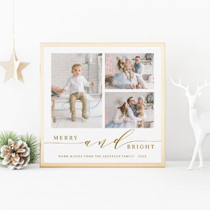 Elegant Gold Merry & Bright 3 Photo Square  Holiday Card