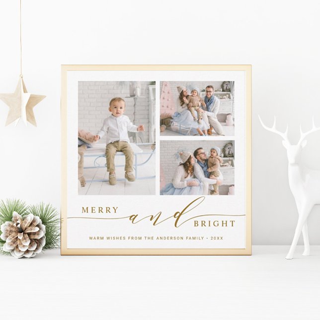 Elegant Gold Merry & Bright 3 Photo Square  Holiday Card (Creator Uploaded)