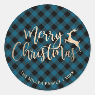 Elegant Gold Merry Christmas Black & Blue Plaid Classic Round Sticker