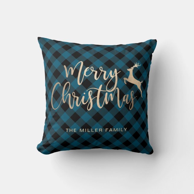 Elegant Gold Merry Christmas Black & Blue Plaid Cushion (Front)