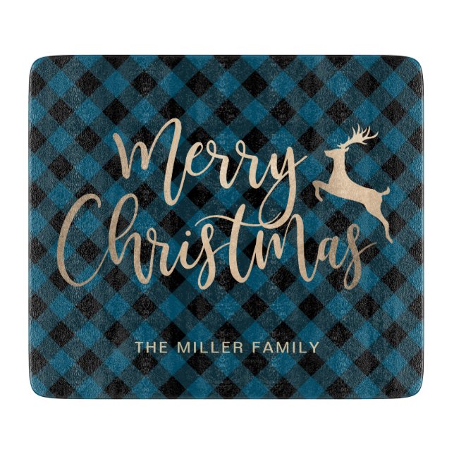 Elegant Gold Merry Christmas Black & Blue Plaid Cutting Board (Front)