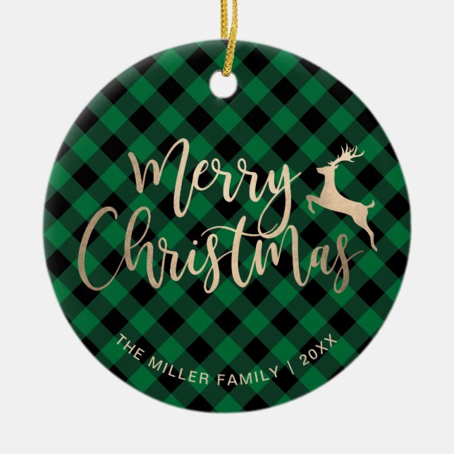 Elegant Gold Merry Christmas Black & Green Plaid Ceramic Ornament (Front)