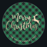 Elegant Gold Merry Christmas Black & Green Plaid Classic Round Sticker<br><div class="desc">Modern personalised Merry Christmas design which features elegant faux gold handwritten script lettering,  beautiful reindeer,  black and green buffalo plaid pattern background.</div>