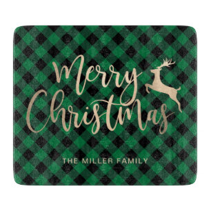 Elegant Gold Merry Christmas Black & Green Plaid Cutting Board