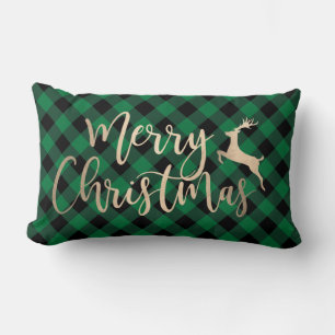 Elegant Gold Merry Christmas Black & Green Plaid Lumbar Cushion