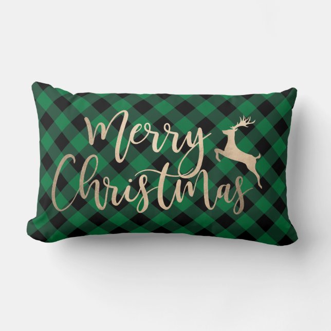 Elegant Gold Merry Christmas Black & Green Plaid Lumbar Cushion (Front)