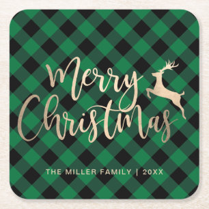 Elegant Gold Merry Christmas Black & Green Plaid Square Paper Coaster