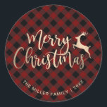 Elegant Gold Merry Christmas Black & Red Plaid Classic Round Sticker<br><div class="desc">Modern personalised Merry Christmas design which features elegant faux gold handwritten script lettering,  beautiful reindeer,  black and red buffalo plaid pattern background.</div>