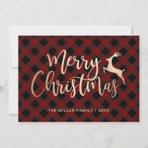Elegant Gold Merry Christmas Black & Red Plaid Holiday Card