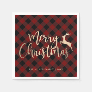 Elegant Gold Merry Christmas Black & Red Plaid Napkin