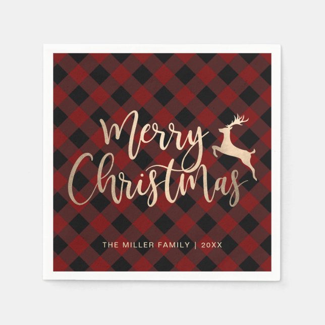 Elegant Gold Merry Christmas Black & Red Plaid Napkin (Front)