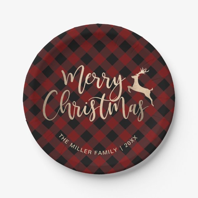 Elegant Gold Merry Christmas Black & Red Plaid Paper Plate (Front)