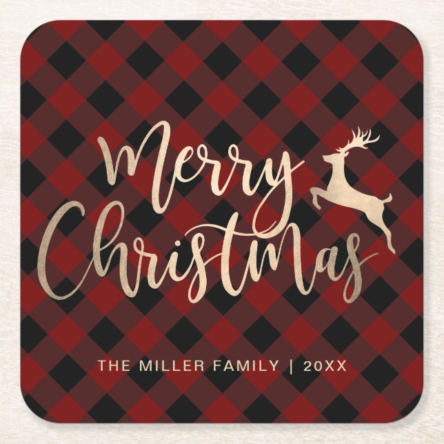 Elegant Gold Merry Christmas Black & Red Plaid Square Paper Coaster (Front)