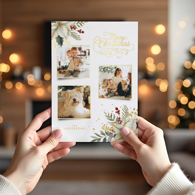 Elegant Gold Merry Christmas Botanical 3-Photo Foil Holiday Card (Creator Uploaded)
