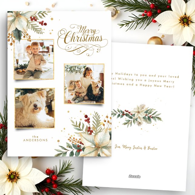 Elegant Gold Merry Christmas Botanical 3-Photo Holiday Card (Creator Uploaded)