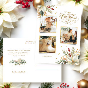 Elegant Gold Merry Christmas Botanical 3-Photo Holiday Postcard