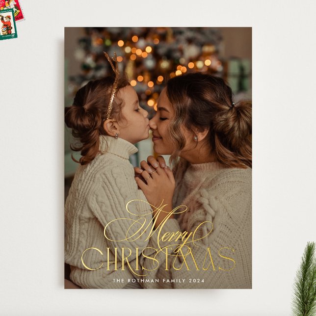Elegant GOLD MERRY Christmas Calligraphy Photo Foil Holiday Card (Creator Uploaded)